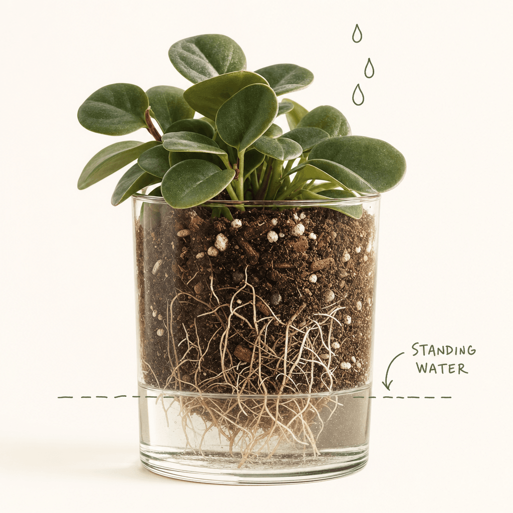A houseplant in a glass with water pooled at the bottom and its lowest roots submerged — soggy, airless soil with nowhere to drain