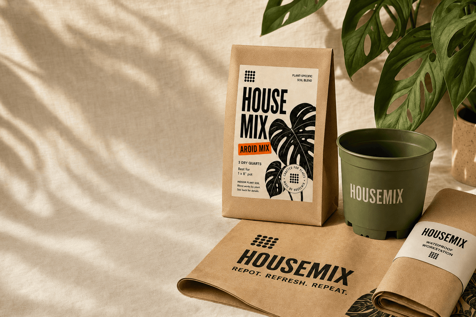 The HouseMix repot kit — a kraft-paper Aroid Mix soil bag, a moss-green HouseMix nursery pot, and a rolled compostable kraft mess mat on a warm cream linen surface.