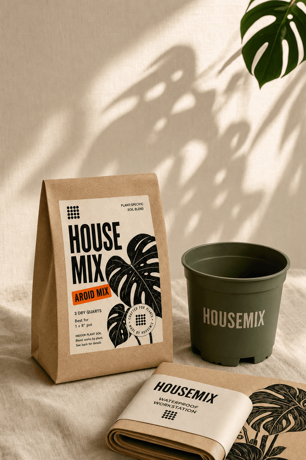 The HouseMix repot kit — a kraft-paper Aroid Mix soil bag, a moss-green HouseMix nursery pot, and a rolled compostable kraft mess mat on a warm cream linen surface.
